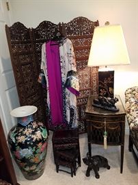Pierced and carved three panel screen.  Set of small nesting stands, Floor vase, and more