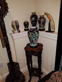Carved stand.  Newer vases, etc.