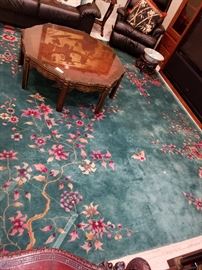 Chinese rug.  Looks more blue in the photo than it is.  It is green in person.