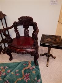 Carved chair, and chinoiserie decorated stand