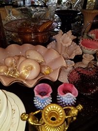 Murano or Venetian glass fruit in the matching bowl (two sets), Fenton glass epergne, vases, etc.