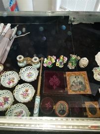 Dresden nut/mint dishes, French enamel opera glasses, Daguerreotypes in thermoplastic cases from the 1800's. 