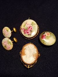 Hand painted porcelain pins, cameo pin