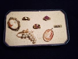 14k & pearl pin, Ruby and gold rings, Gold bands