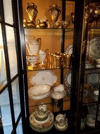 Top two shelves are Pickard china, decorated by Pickard Studios, Chicago, early 20th century