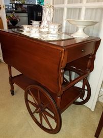 Imperial (Grand Rapids) Solid Mahogany tea cart with drop leaves, and lower pull-out glass tray (wood framed)