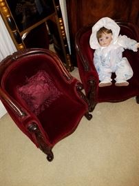 Miniature Victorian chairs, and a doll.....