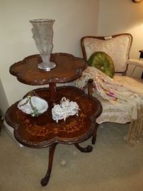 Inlaid ornate two-tier table display frosted lalique-style vase and porcelain