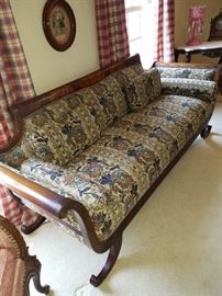 Duncan Phyfe curve-leg sofa in mahogany with later upholstery.  