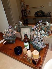 Stone trees in cloisonne bases, etc.