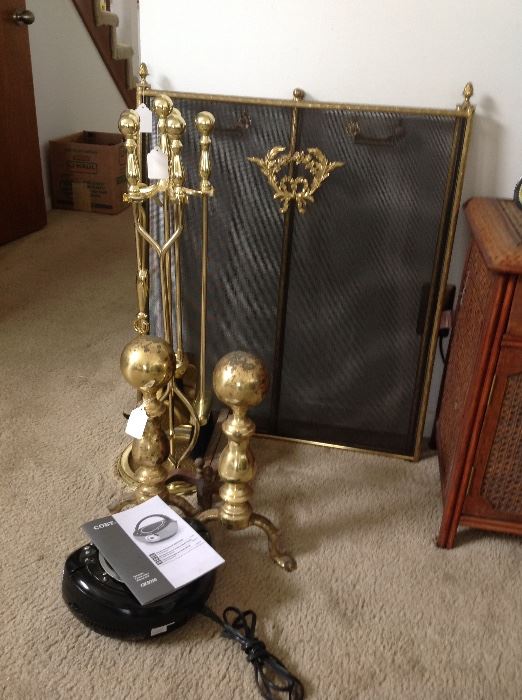Fireplace equipment, screen, andirons, and tools.  All brass