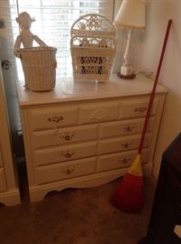 Broyhill dresser base with wicker items