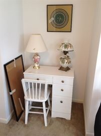 Small desk and chair, two lamps and framed Silas, oriental fabric
