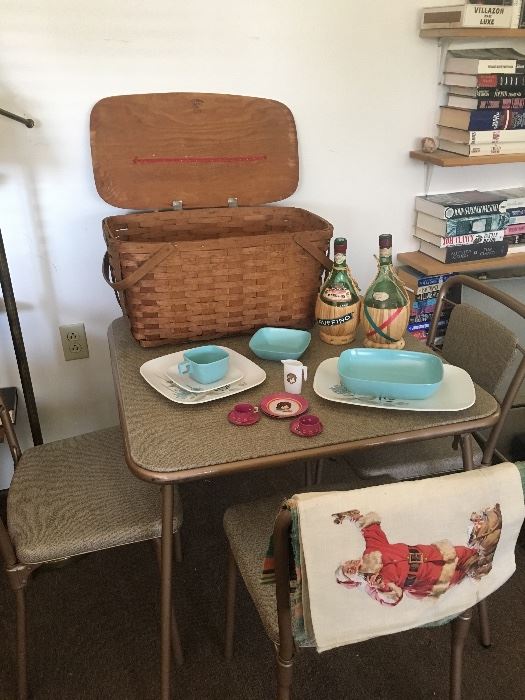 Vintage Card Table, Picnic Basket and Dishes