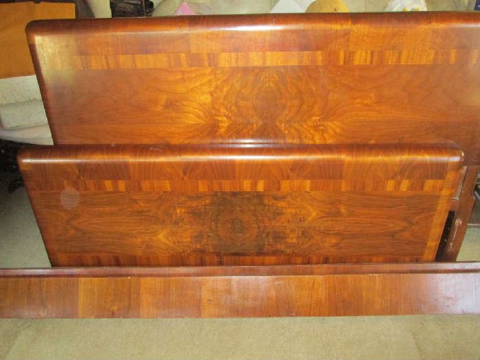 1938 Art Deco waterfall style double bed, headboard, footboard and both side rails, complete