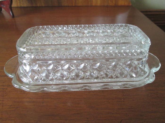 Pressed glass butter dish and cover