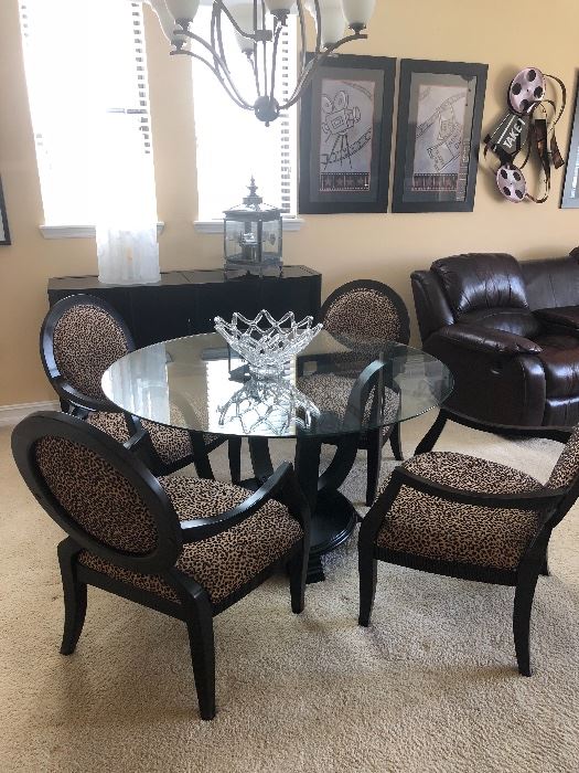  Black Round  Leopard Chair and glass dinning table