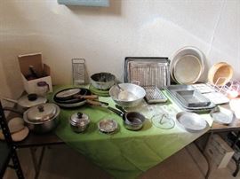 Small Kitchen Appliances, Retro "Club" Pots and Pans, Assorted Dinnerware, Glassware, Corningware and Flatware