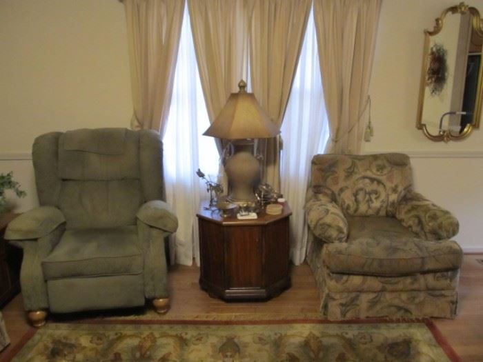 recliner on left, matching chair to sofa on right