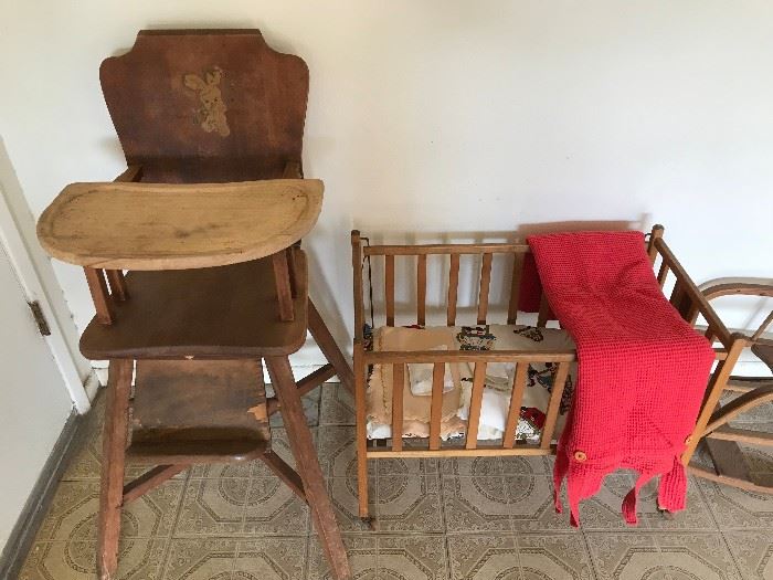 Antique Kids furniture, 2 high chairs, crib and wicker stroll not shown 