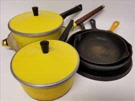 Set of Yellow Cast Iron Pots & Pans w/Lids  http://www.ctonlineauctions.com/detail.asp?id=691072
