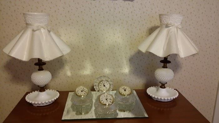 Milk glass lamps, crystal clocks