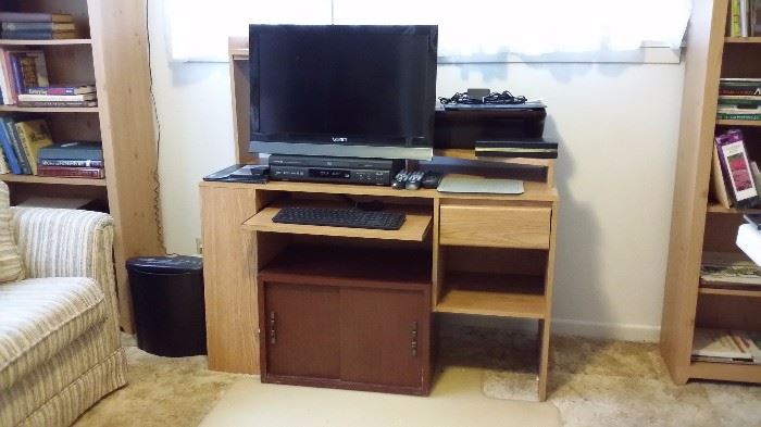 Vizio TV, Hitachi DVD/CD player, HP printer, small computer desk