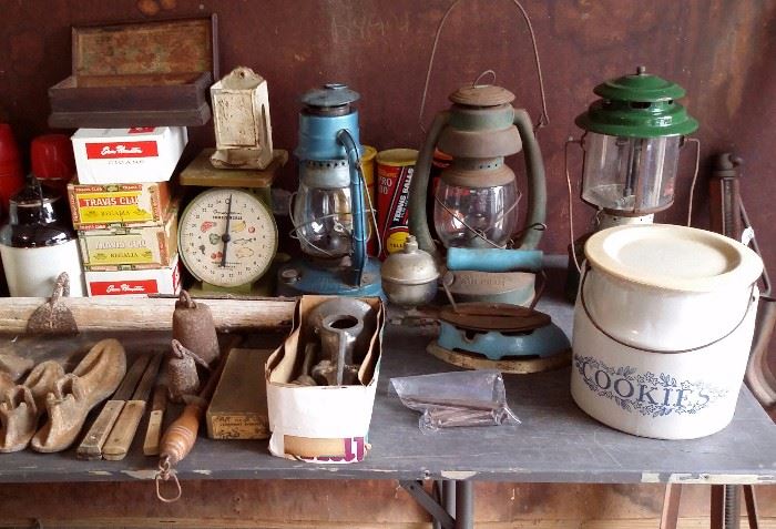 Antique lanterns, meat grinder, scale, cookie jar, iron, shoe last, & more