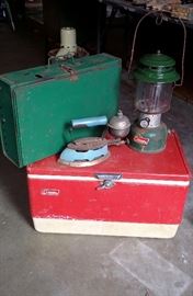 Coleman cooler, lantern, gas iron, stove