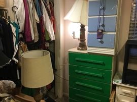 Chest of drawers (green), lamps, 4 drawer narrow chest of drawers (blue)