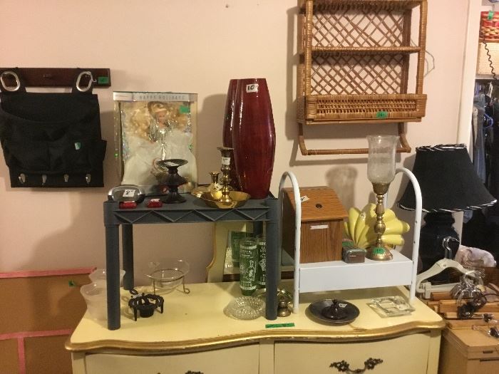 Miscellaneous candles, candleholders, wicker wall shelving, lamp, sewing machine cabinet