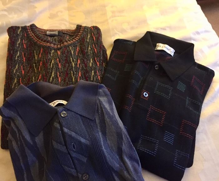 Menswear.  Large selection of designer sweaters.  Size L, XL