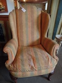 Down filled wing back chairs with rolled arms