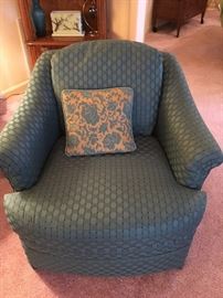 Close-up of Custom-covered, teal, side chair.  