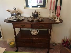 Lewisburg  solid cherry server with felt lined upper drawers for your silver and two lower drawers over one long drawers at bottom for linens and other dinner pieces. Matches the dining room set.