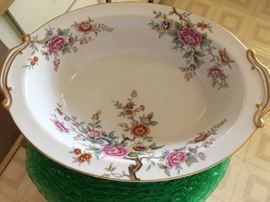 Noritake porcelain factory of Japan, pattern known as N26 featuring peony branches and a prunus tree with gold trim.  Full 8-place setting with  6 serving pieces: gravy boat, sugar, creamer, 2 bowls, platter.