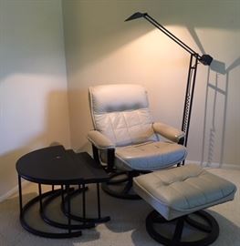 Light Tan Reclining Leather Chair w/Ottoman, Black Nesting Tables