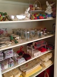 Holiday glassware, decorations, and linens