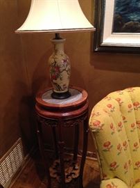 Small marble top table and lovely Asian style lamp
