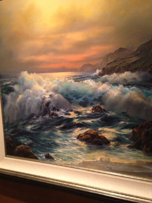 "Sunset" by Rosemary Miner---- a terrific image of the famous big surf seen at California’s Big Sur Beach at Sunset.  