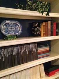 Blue & white platter; great book selections