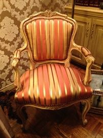 Gold and coral  custom upholstered parlor chair 