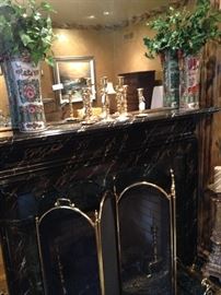 Fine Asian style vases; brass candlesticks; folding brass firescreen