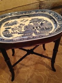 One of two Blue Willow platter tables