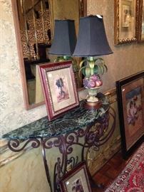 Good looking lamp, mirror, and framed art (demilune table - not for sale - attached to the wall)