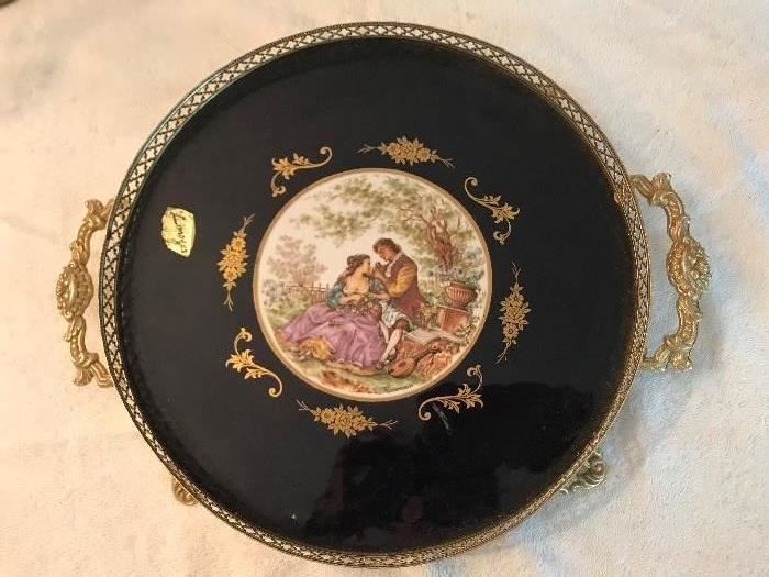 Round tray with ormolu handles and Limoges romantic scene in the center
