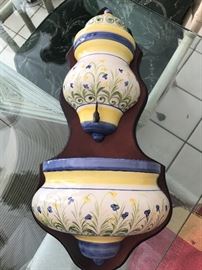 Italian pottery lavabo mounted on dark wood plaque