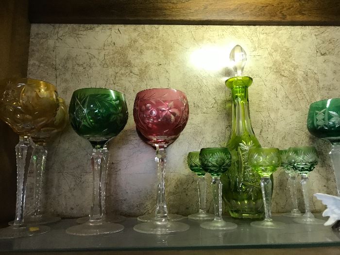 Bohemian cut glass stemware and liquer set