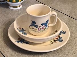 Vintage baby dishes with blue lambs