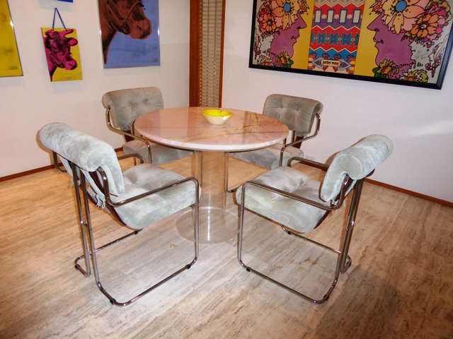 Guido Faleschini for Pace - 8 Mariani Tucroma Chairs, & Pair Custom Lucite Pedestal Tables w/ Marble Tops